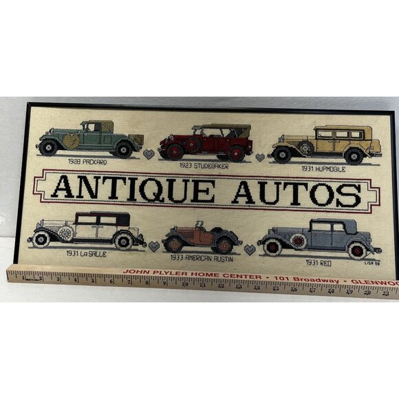 Framed "Antique Autos" Vintage Cross Stitch Wall Art Auto Enthusiasts Man Cave D - Picture 2 of 6
